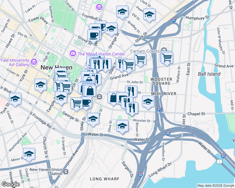map of restaurants, bars, coffee shops, grocery stores, and more near 99 Olive Street in New Haven