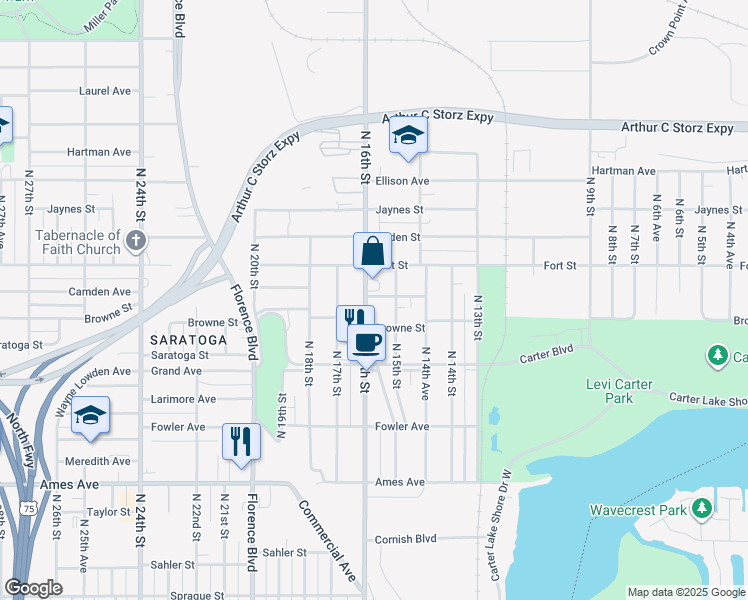 map of restaurants, bars, coffee shops, grocery stores, and more near 5123 North 16th Street in Omaha