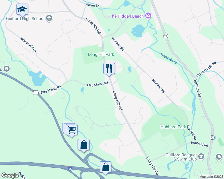 map of restaurants, bars, coffee shops, grocery stores, and more near 664 Long Hill Road in Guilford