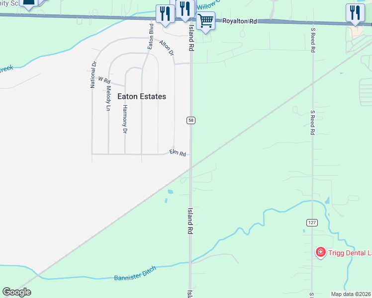 map of restaurants, bars, coffee shops, grocery stores, and more near 12452 Island Road in Grafton