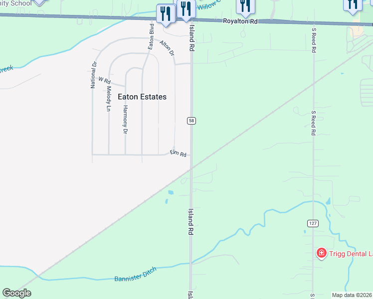 map of restaurants, bars, coffee shops, grocery stores, and more near 12452 Island Road in Grafton