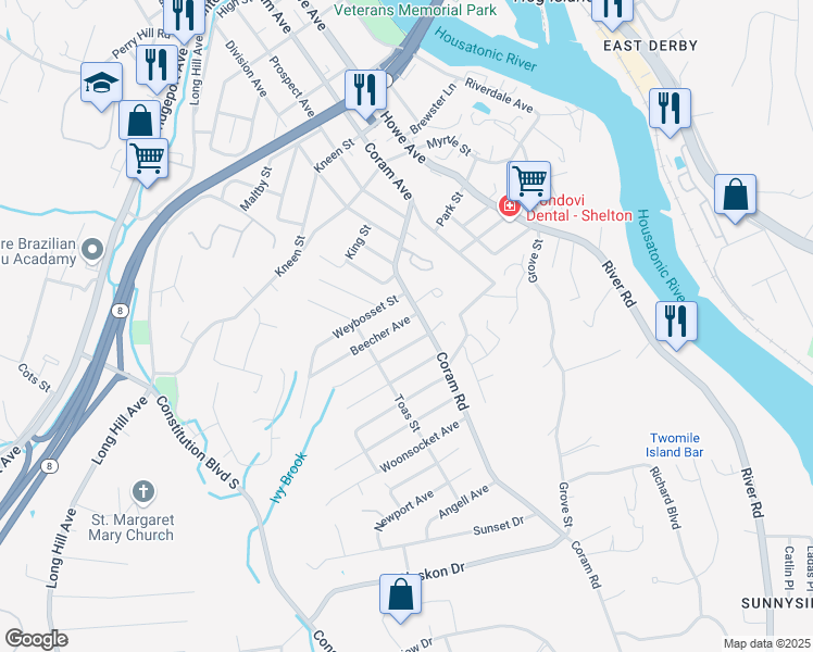 map of restaurants, bars, coffee shops, grocery stores, and more near 12 Beecher Avenue in Shelton
