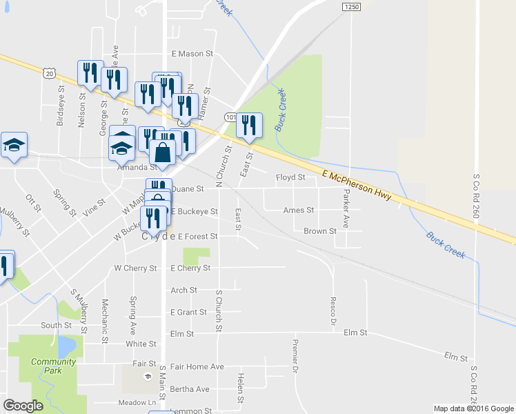 map of restaurants, bars, coffee shops, grocery stores, and more near 127 Loomis Street in Clyde