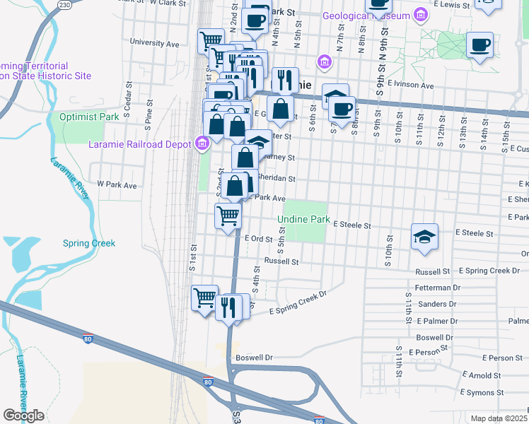 map of restaurants, bars, coffee shops, grocery stores, and more near 819 South 4th Street in Laramie