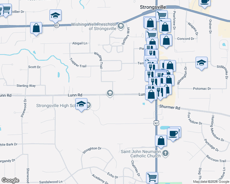 map of restaurants, bars, coffee shops, grocery stores, and more near 19546 Lunn Road in Strongsville