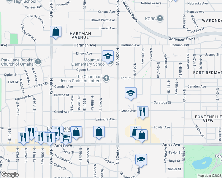 map of restaurants, bars, coffee shops, grocery stores, and more near 5106 North 52nd Street in Omaha