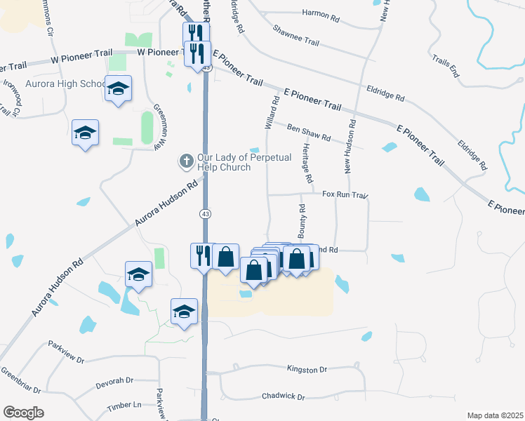 map of restaurants, bars, coffee shops, grocery stores, and more near 500 Willard Road in Aurora