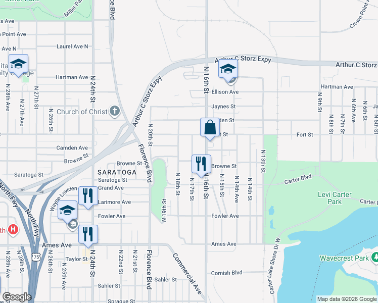 map of restaurants, bars, coffee shops, grocery stores, and more near 5116 North 17th Street in Omaha