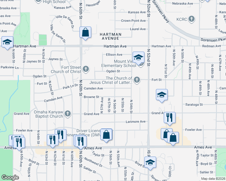 map of restaurants, bars, coffee shops, grocery stores, and more near 5605 Camden Avenue in Omaha