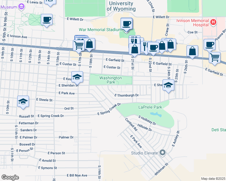 map of restaurants, bars, coffee shops, grocery stores, and more near 1929 East Thornburgh Drive in Laramie