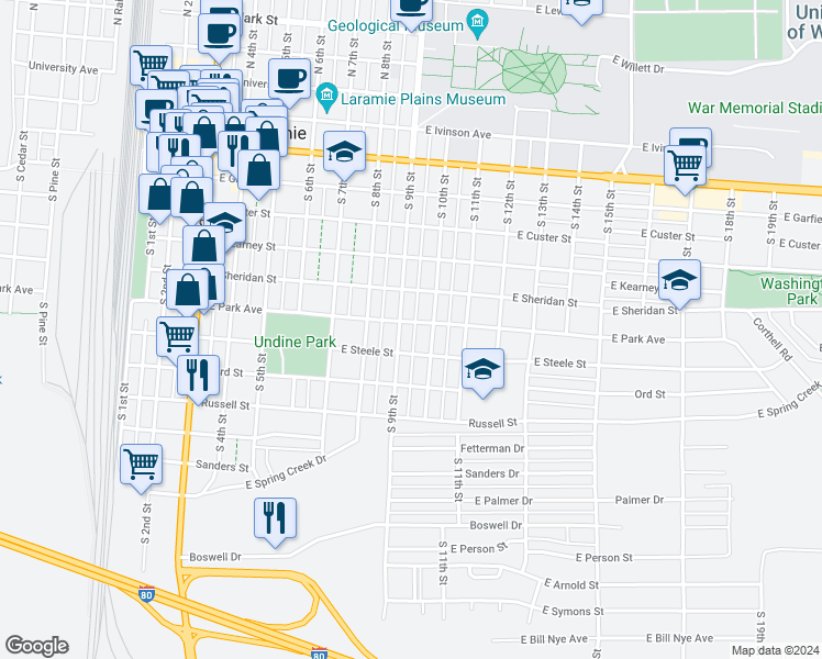 map of restaurants, bars, coffee shops, grocery stores, and more near 808 South 9th Street in Laramie