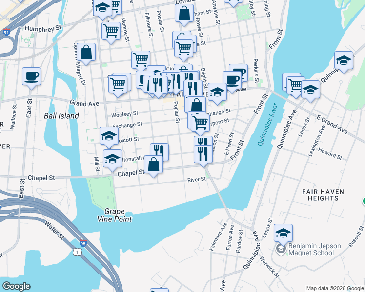 map of restaurants, bars, coffee shops, grocery stores, and more near 138 Poplar Street in New Haven