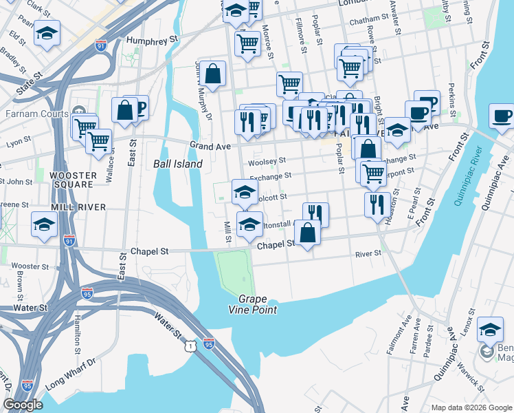 map of restaurants, bars, coffee shops, grocery stores, and more near 182 Wolcott Street in New Haven