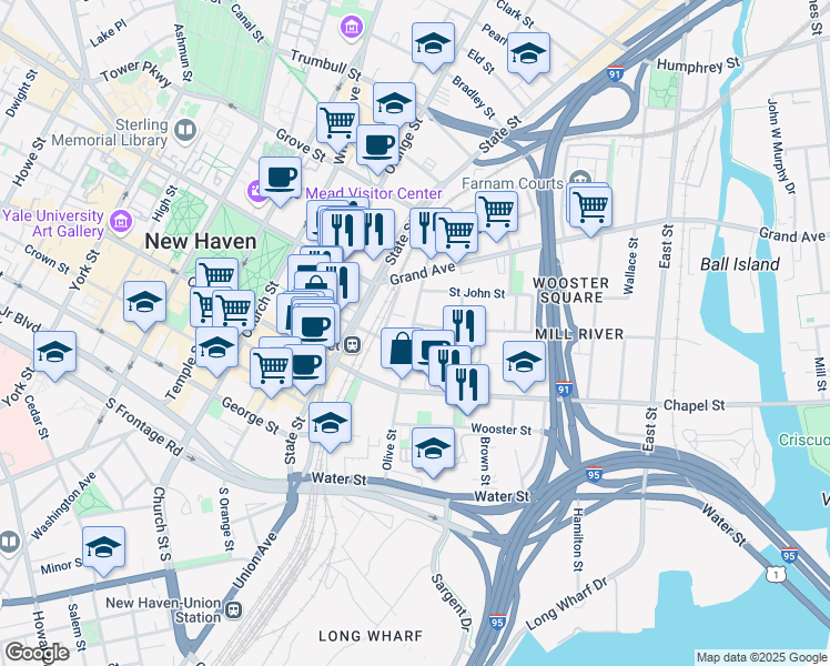 map of restaurants, bars, coffee shops, grocery stores, and more near 99 Olive Street in New Haven