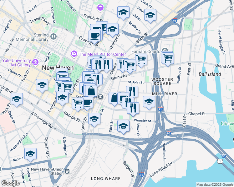 map of restaurants, bars, coffee shops, grocery stores, and more near 99 Olive Street in New Haven
