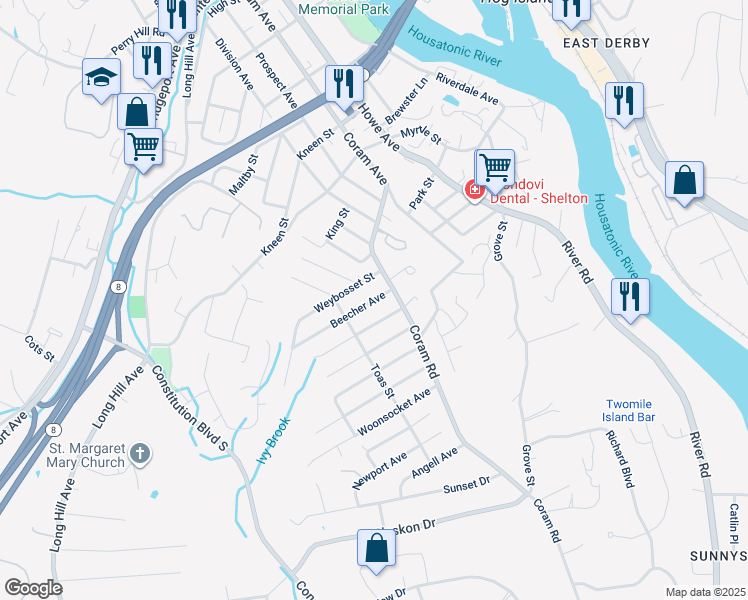 map of restaurants, bars, coffee shops, grocery stores, and more near 12 Beecher Avenue in Shelton