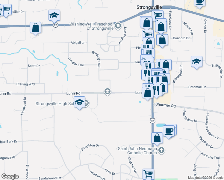 map of restaurants, bars, coffee shops, grocery stores, and more near 19546 Lunn Road in Strongsville