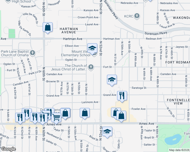map of restaurants, bars, coffee shops, grocery stores, and more near 5106 North 52nd Street in Omaha