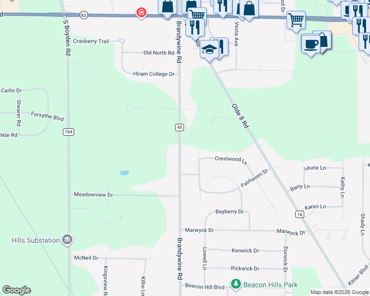 map of restaurants, bars, coffee shops, grocery stores, and more near 9253 Brandywine Road in Northfield