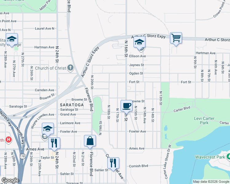map of restaurants, bars, coffee shops, grocery stores, and more near 5116 North 17th Street in Omaha