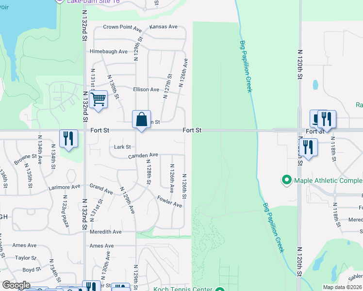 map of restaurants, bars, coffee shops, grocery stores, and more near 5216 North 126th Street in Omaha