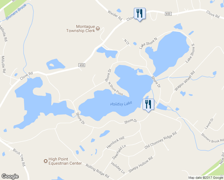 map of restaurants, bars, coffee shops, grocery stores, and more near 104 North Shore Point in Montague
