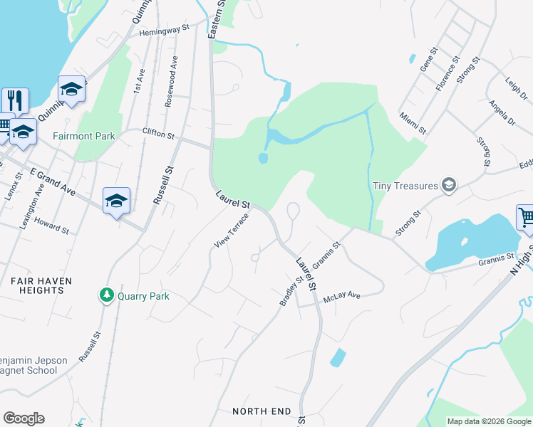 map of restaurants, bars, coffee shops, grocery stores, and more near 650 Laurel Street in East Haven