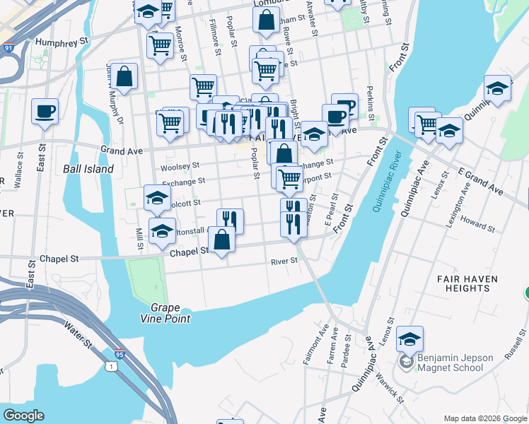 map of restaurants, bars, coffee shops, grocery stores, and more near 138 Poplar Street in New Haven