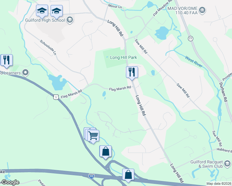 map of restaurants, bars, coffee shops, grocery stores, and more near 64 Flag Marsh Road in Guilford