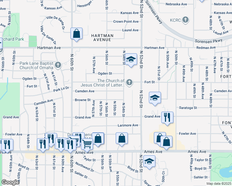 map of restaurants, bars, coffee shops, grocery stores, and more near 5425 Camden Avenue in Omaha