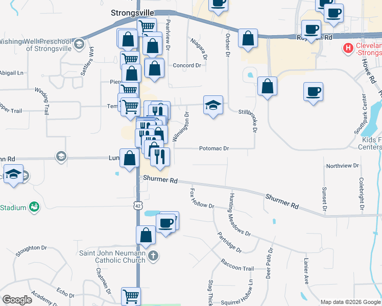 map of restaurants, bars, coffee shops, grocery stores, and more near 18457 Potomac Drive in Strongsville