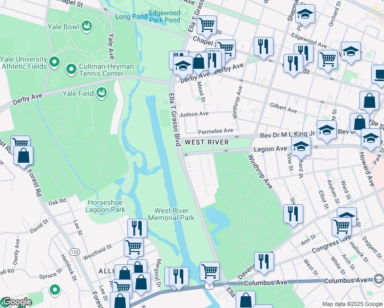 map of restaurants, bars, coffee shops, grocery stores, and more near 716 Legion Avenue in New Haven