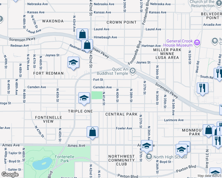 map of restaurants, bars, coffee shops, grocery stores, and more near 4017 Camden Avenue in Omaha
