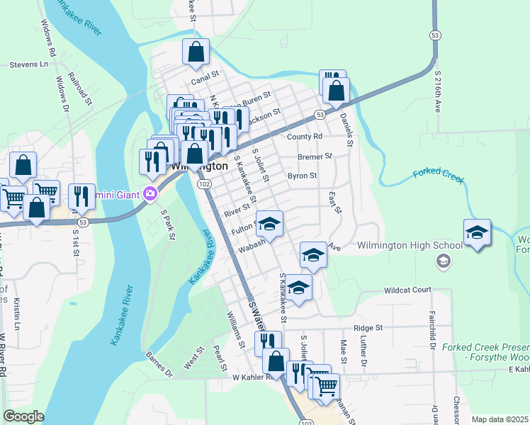map of restaurants, bars, coffee shops, grocery stores, and more near 417 South Kankakee Street in Wilmington