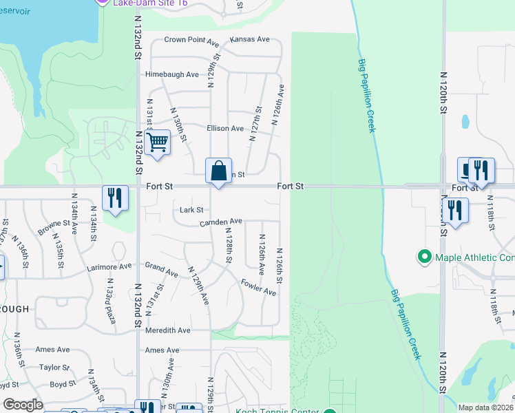 map of restaurants, bars, coffee shops, grocery stores, and more near 12660 Camden Avenue in Omaha