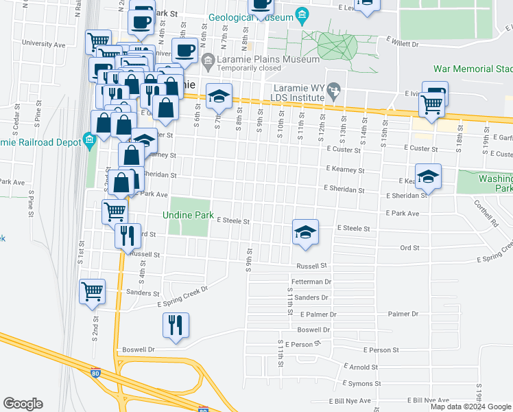 map of restaurants, bars, coffee shops, grocery stores, and more near 906 East Park Avenue in Laramie