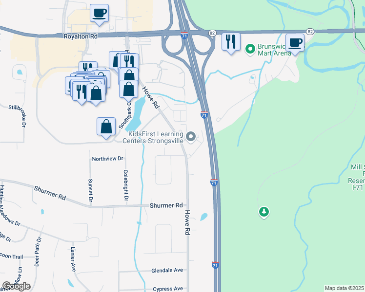 map of restaurants, bars, coffee shops, grocery stores, and more near 15101 Howe Road in Strongsville