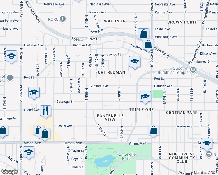 map of restaurants, bars, coffee shops, grocery stores, and more near 4537 Camden Avenue in Omaha