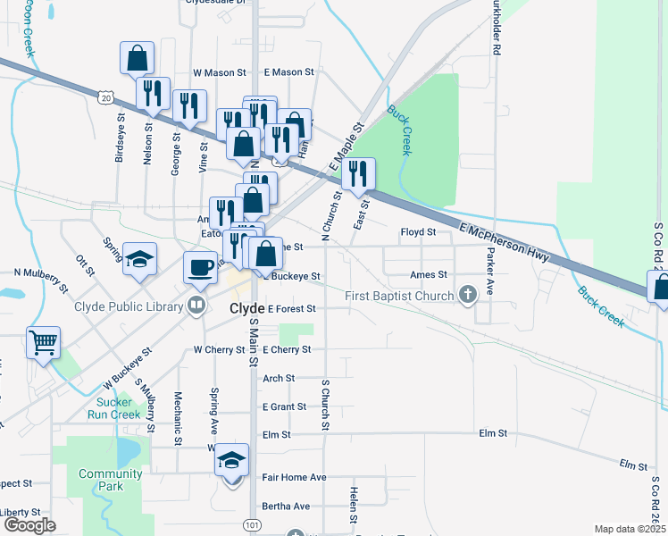 map of restaurants, bars, coffee shops, grocery stores, and more near 120 North Church Street in Clyde