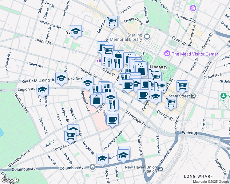 map of restaurants, bars, coffee shops, grocery stores, and more near 350 George Street in New Haven