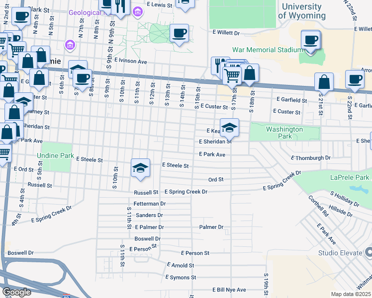map of restaurants, bars, coffee shops, grocery stores, and more near 1401-1499 E Park Ave in Laramie