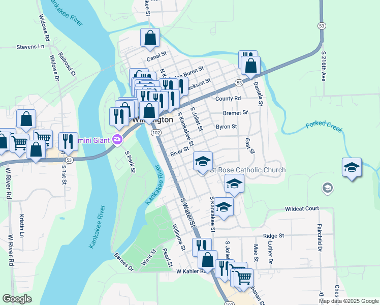 map of restaurants, bars, coffee shops, grocery stores, and more near 417 South Kankakee Street in Wilmington