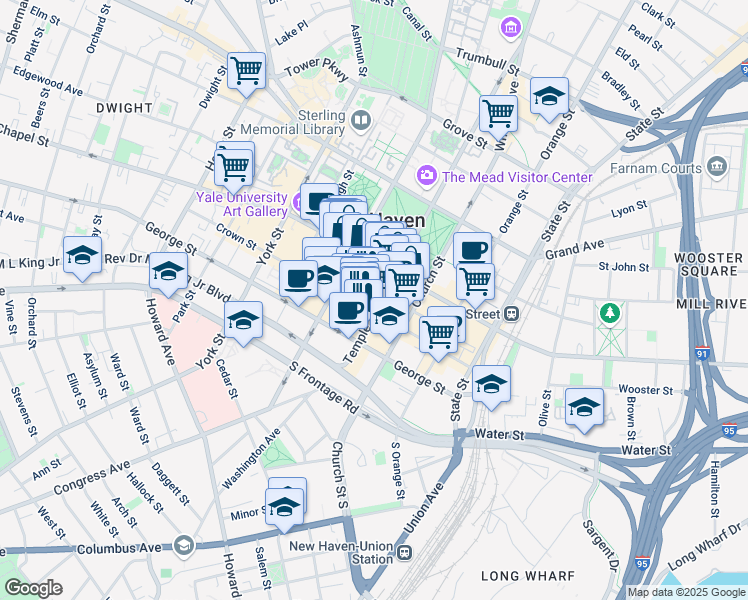 map of restaurants, bars, coffee shops, grocery stores, and more near 199 Crown Street in New Haven