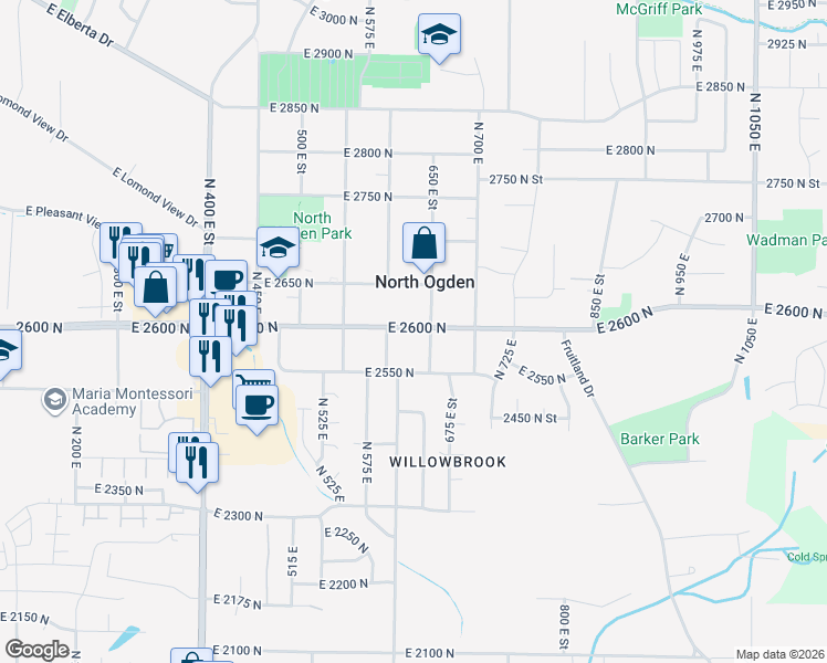 map of restaurants, bars, coffee shops, grocery stores, and more near 653 East 2600 North in Ogden