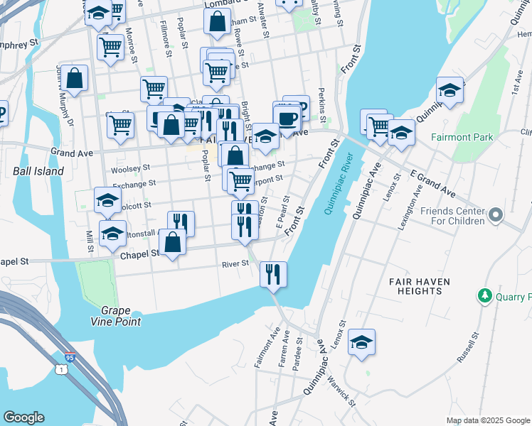 map of restaurants, bars, coffee shops, grocery stores, and more near 48 Houston Street in New Haven