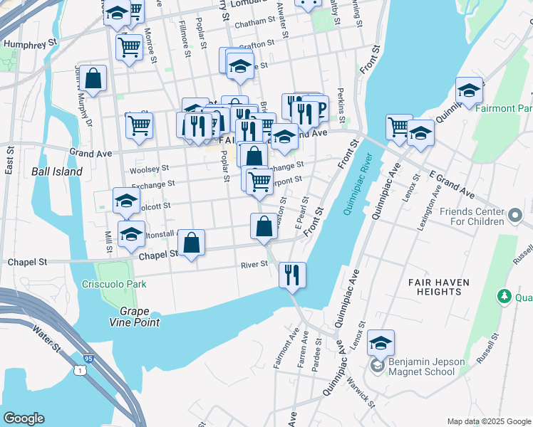 map of restaurants, bars, coffee shops, grocery stores, and more near 48 Houston Street in New Haven