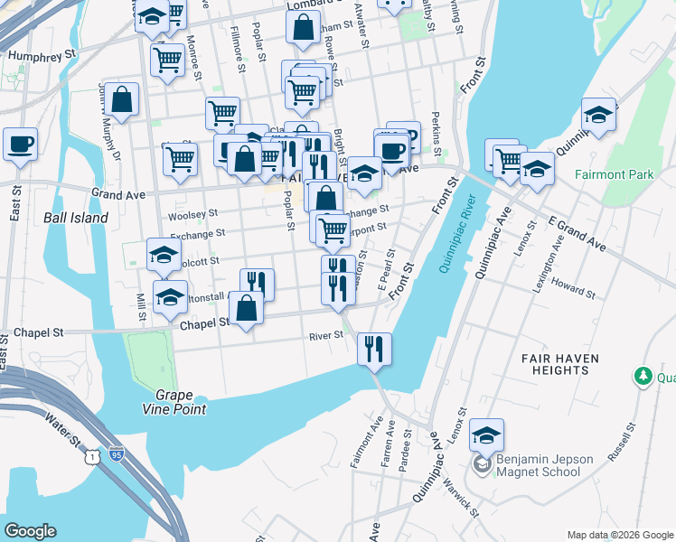map of restaurants, bars, coffee shops, grocery stores, and more near 48 Houston Street in New Haven