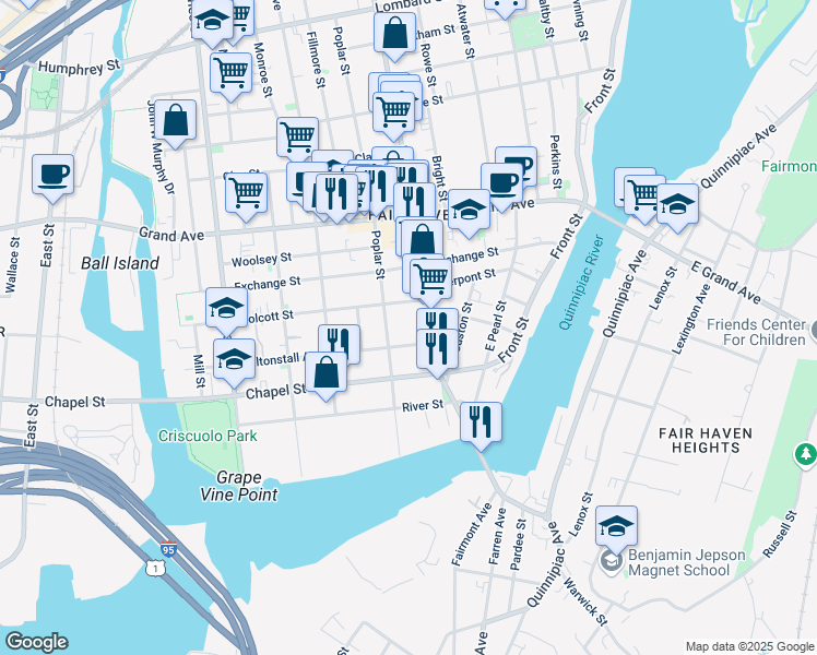 map of restaurants, bars, coffee shops, grocery stores, and more near 13 Saltonstall Avenue in New Haven
