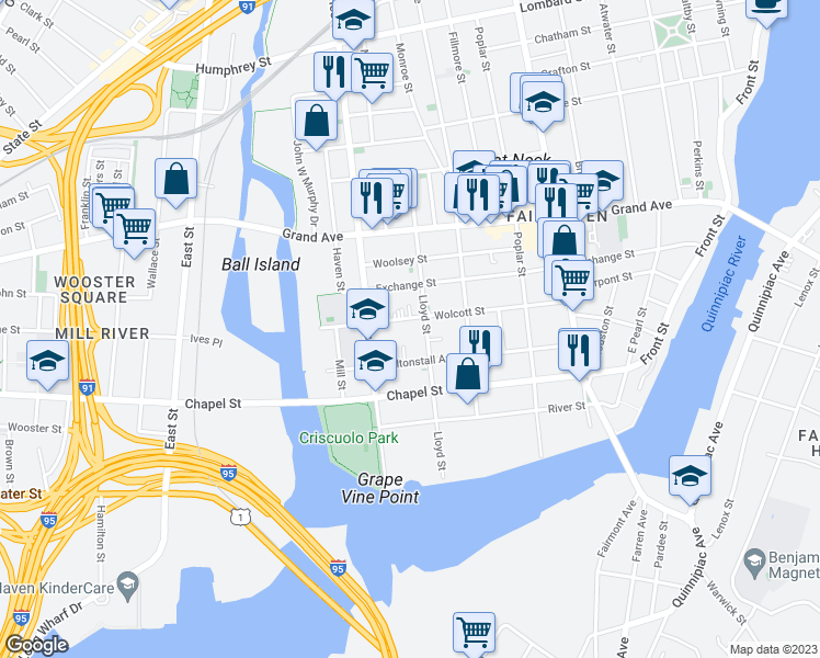 map of restaurants, bars, coffee shops, grocery stores, and more near 182 Wolcott Street in New Haven