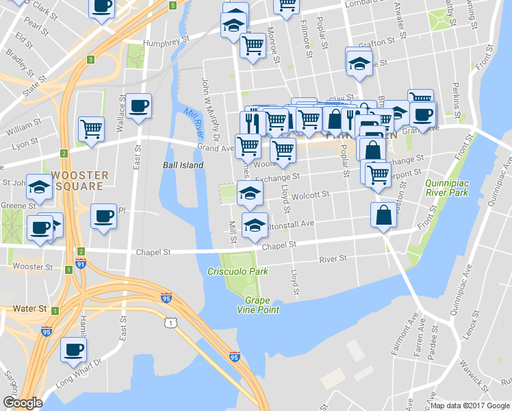 map of restaurants, bars, coffee shops, grocery stores, and more near 100 James Street in New Haven
